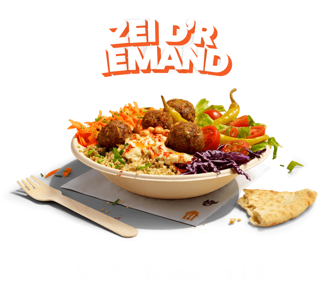 Grafik des Slogans Zei d'r iemand über einem Teller mit Falafeln und Gemüse auf orangem Hintergrund; darunter das Logo von Thuisbezorgd.nl