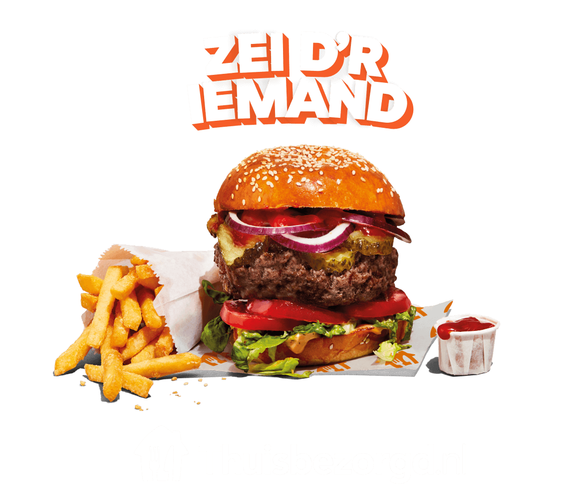 Grafik af Zei d'r iemand over en burger med pomfritter og ketchup på en orange baggrund med et Thuisbezorgd.nl-logo nedenunder
