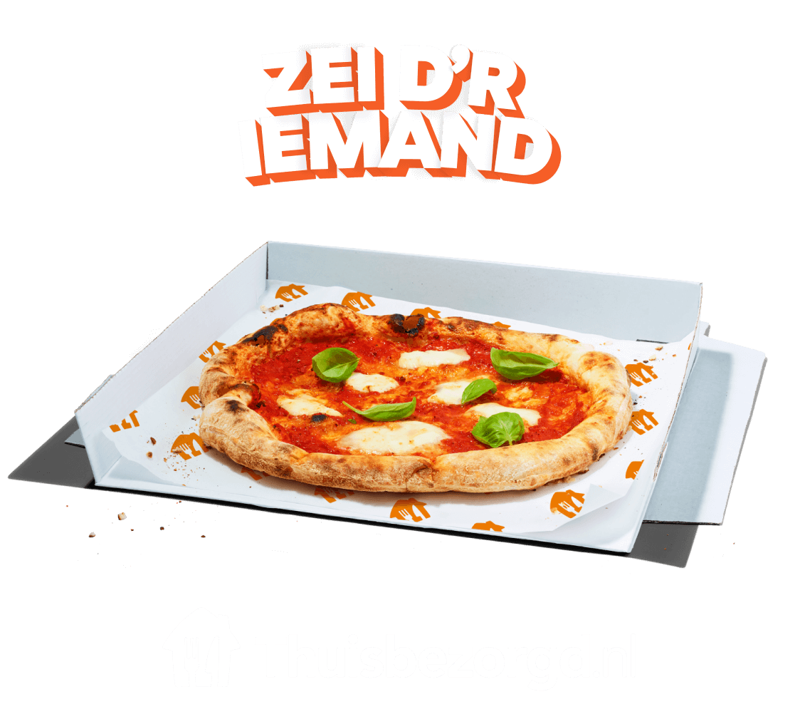 Grafik des Slogans Zei d'r iemand über einer Pizza auf orangem Hintergrund; darunter das Logo von Thuisbezorgd.nl
